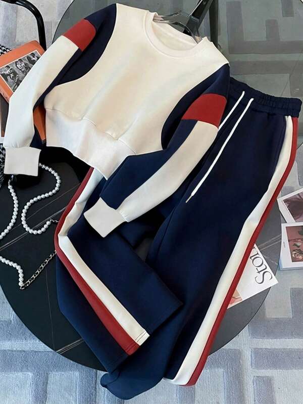 Conjunto Moletom Color Block Com Blusa E Calça Jogger Casual