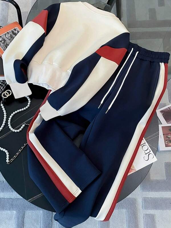Conjunto Moletom Color Block Com Blusa E Calça Jogger Casual