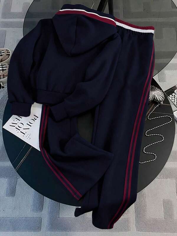 Conjunto Moletom Com Jaqueta De Capuz E Calça Reta Esportiva Casual