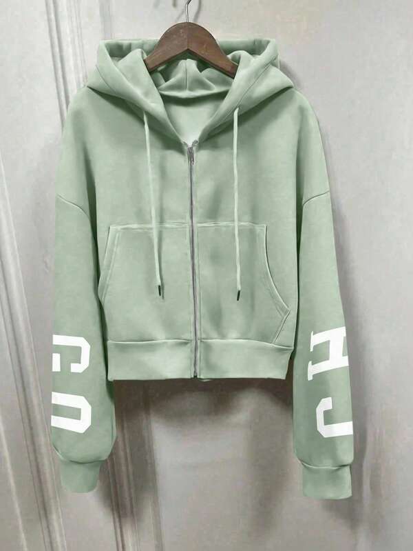 Moletom Cropped Com Capuz E Zíper Frontal Básico Casual