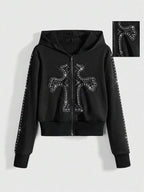 Moletom Cropped Com Capuz E Zíper Frontal Com Aplique Decorativo