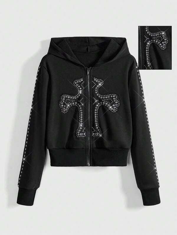 Moletom Cropped Com Capuz E Zíper Frontal Com Aplique Decorativo