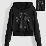 Moletom Cropped Com Capuz E Zíper Frontal Com Aplique Decorativo