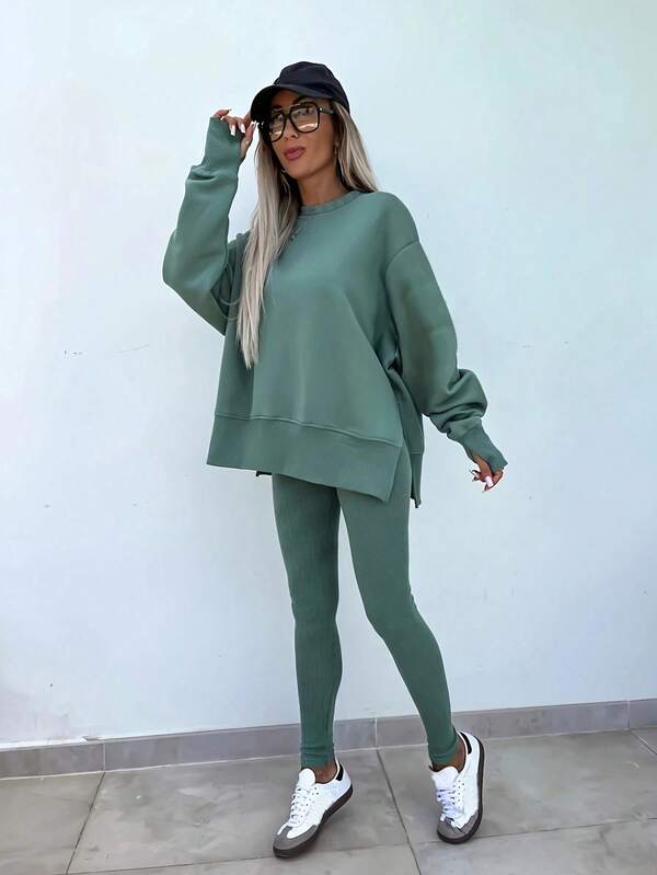 Conjunto Moletom Oversized Com Blusa Alongada E Calça Legging Casual
