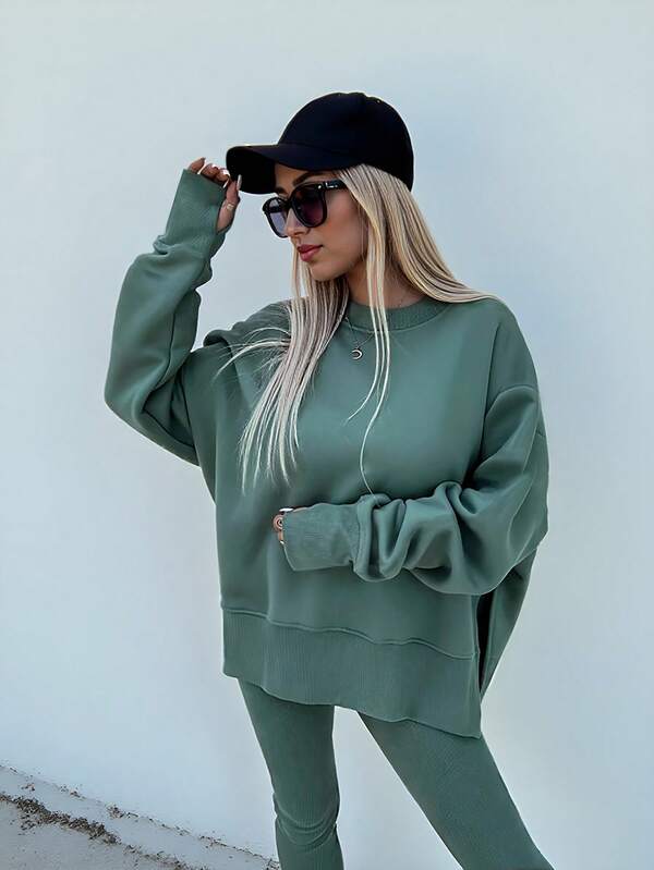 Conjunto Moletom Oversized Com Blusa Alongada E Calça Legging Casual