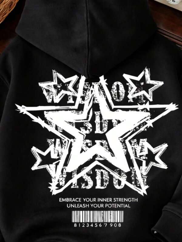 Moletom Com Capuz Estampa De Estrelas Nas Costas Casual
