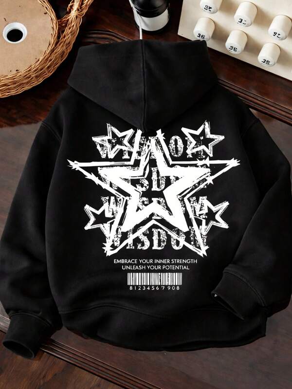 Moletom Com Capuz Estampa De Estrelas Nas Costas Casual