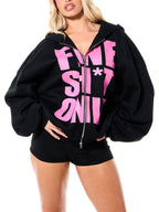 Moletom Oversized Com Capuz E Zíper Frontal Estampa Escrita