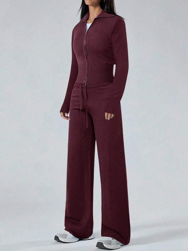 Conjunto Tricot Canelado Com Jaqueta Ajustada E Calça Pantalona