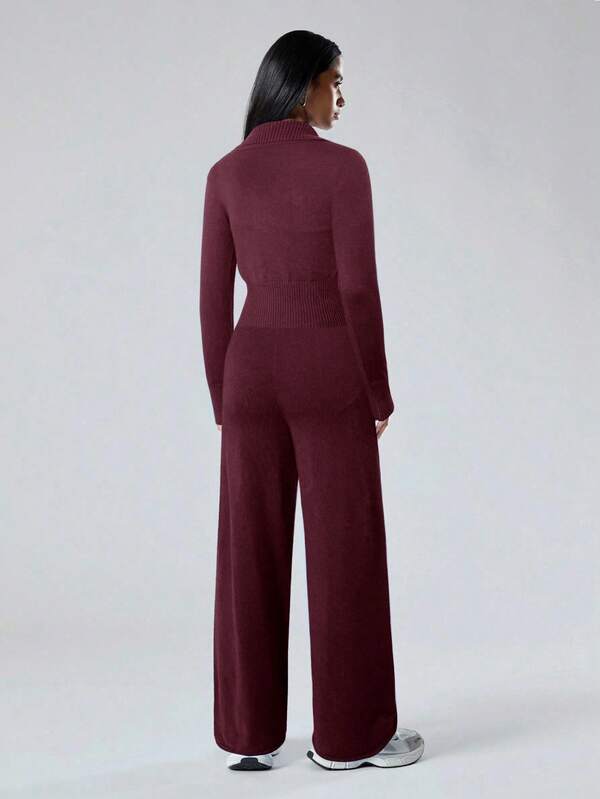 Conjunto Tricot Canelado Com Jaqueta Ajustada E Calça Pantalona