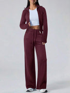 Conjunto Tricot Canelado Com Jaqueta Ajustada E Calça Pantalona