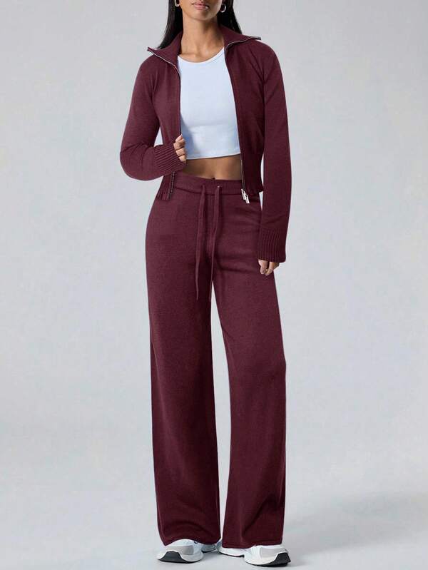 Conjunto Tricot Canelado Com Jaqueta Ajustada E Calça Pantalona