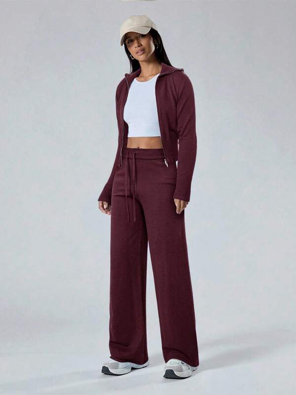 Conjunto Tricot Canelado Com Jaqueta Ajustada E Calça Pantalona