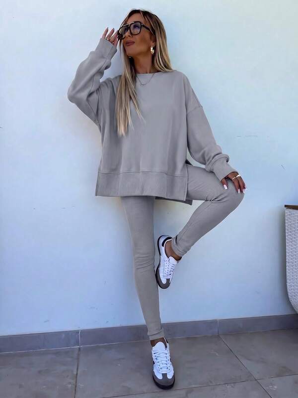 Conjunto Moletom Oversized Com Blusa Alongada E Calça Legging Casual