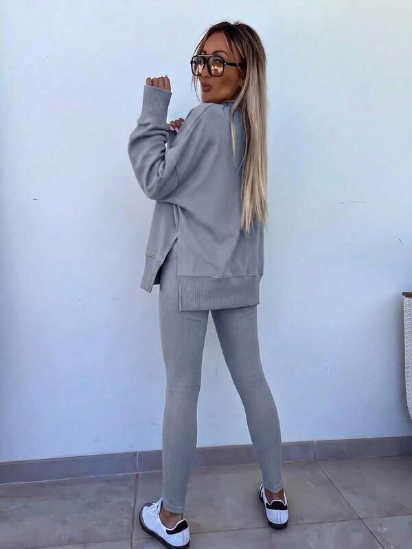 Conjunto Moletom Oversized Com Blusa Alongada E Calça Legging Casual