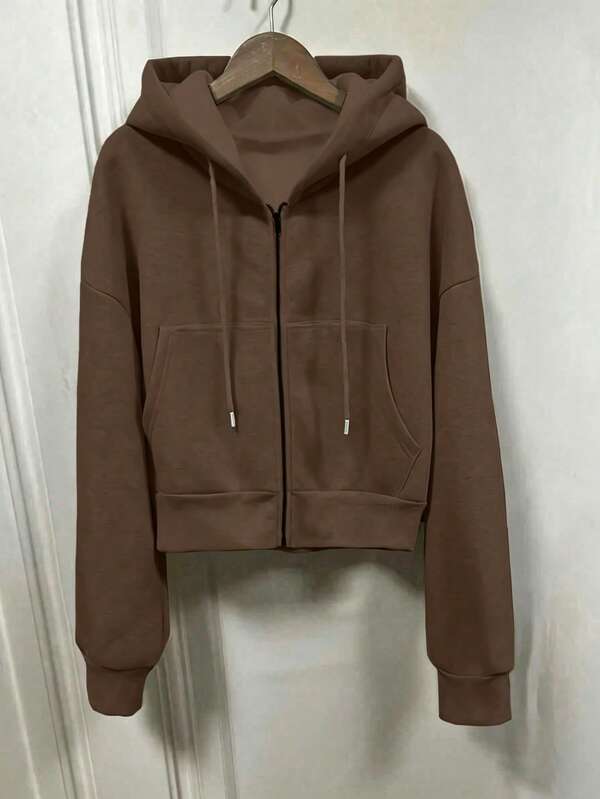 Moletom Com Capuz Cropped Com Zíper E Bolso Canguru