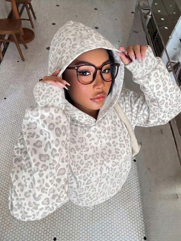 Moletom Com Capuz Animal Print Onça Minimalista Casual