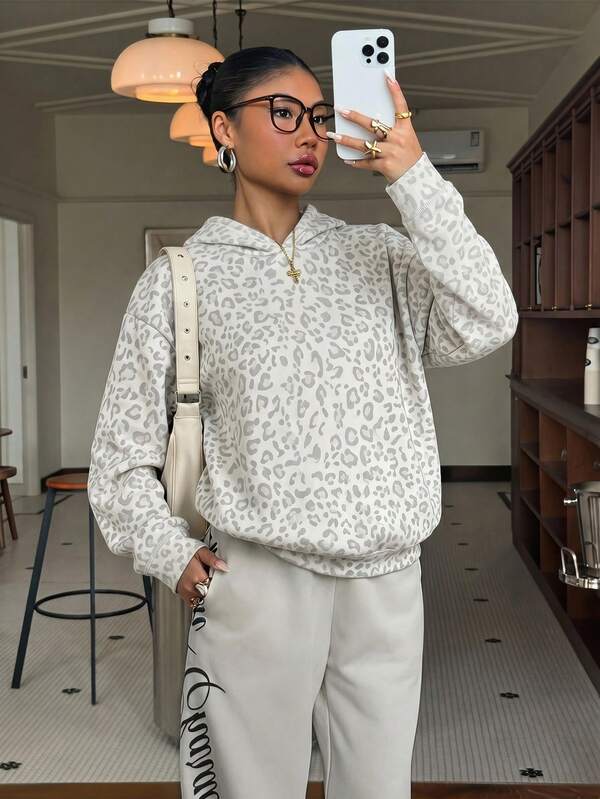 Moletom Com Capuz Animal Print Onça Minimalista Casual