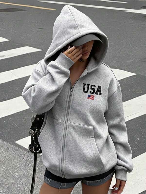 Moletom Com Capuz E Zíper Frontal Estampa USA Casual