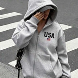 Moletom Com Capuz E Zíper Frontal Estampa USA Casual