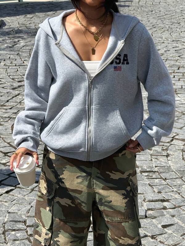 Moletom Com Capuz E Zíper Frontal Estampa USA Casual