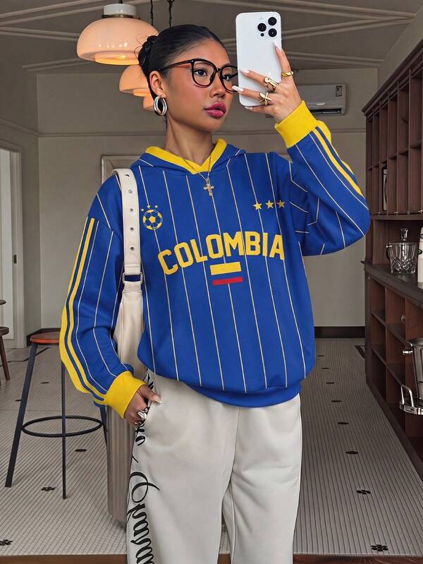 Moletom Com Capuz Estampa Futebol Colômbia Listrado Casual