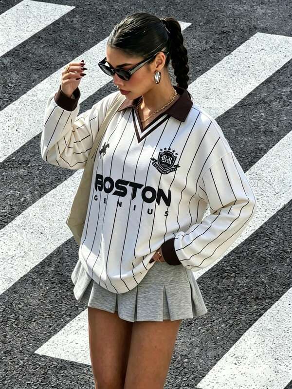 Moletom Gola Polo Estampa College Boston Listrado Casual