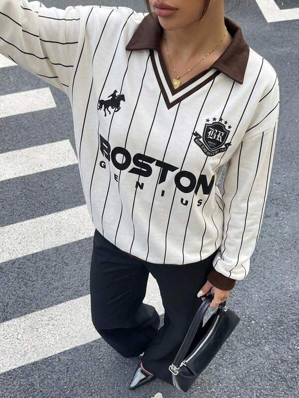 Moletom Gola Polo Estampa College Boston Listrado Casual