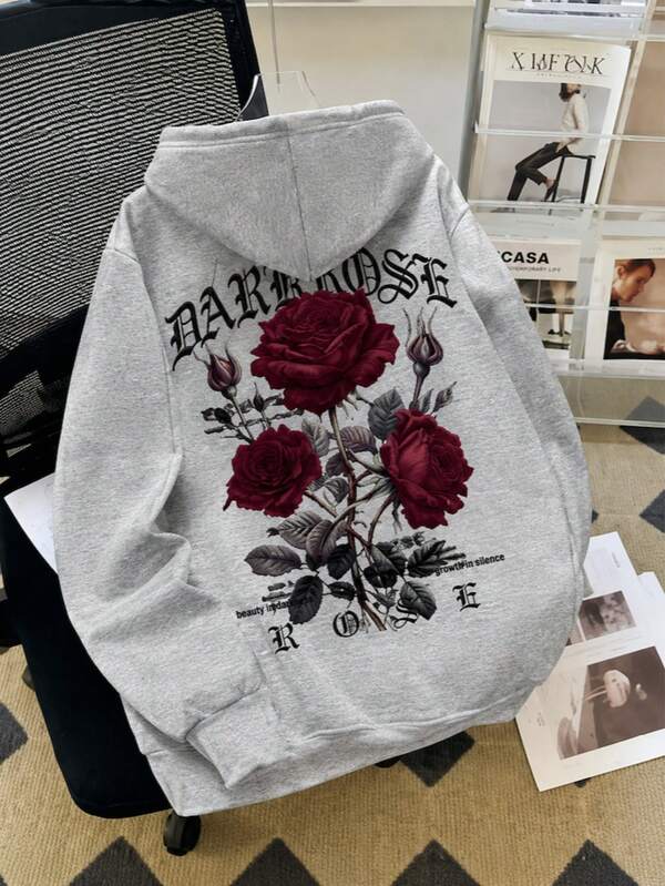 Moletom Com Capuz Estampa Rosas Góticas Dark Floral Casual