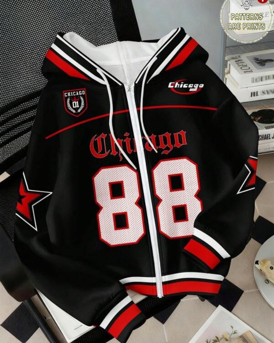 Moletom Com Capuz E Zíper Frontal Estampa Esportiva Casual