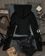 Moletom Cropped Com Capuz E Zíper Frontal Com Estampa Localizada