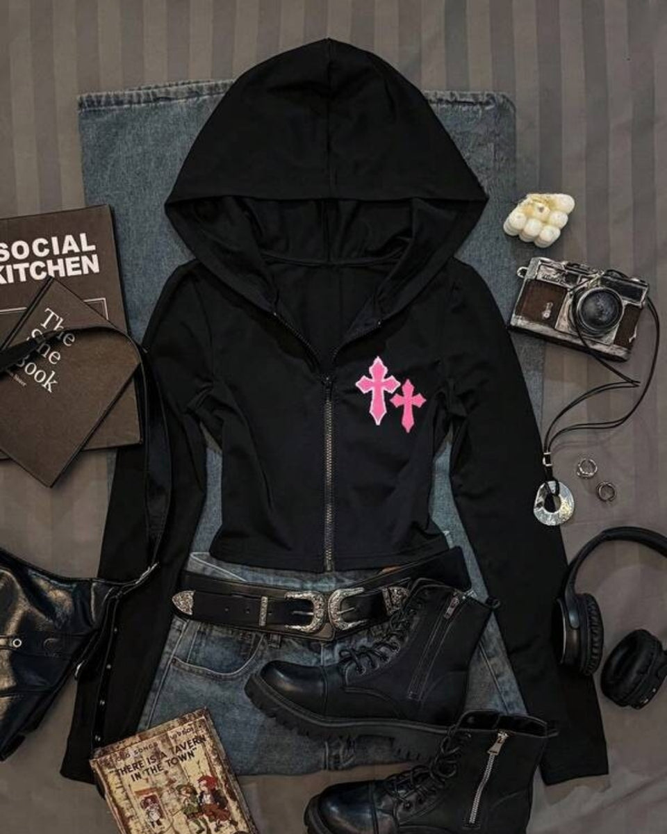 Moletom Cropped Com Capuz E Zíper Frontal Com Estampa Localizada