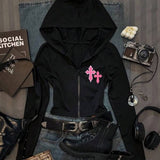 Moletom Cropped Com Capuz E Zíper Frontal Com Estampa Localizada