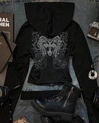Moletom Cropped Com Capuz Estampa Gótica Ornamental Nas Costas