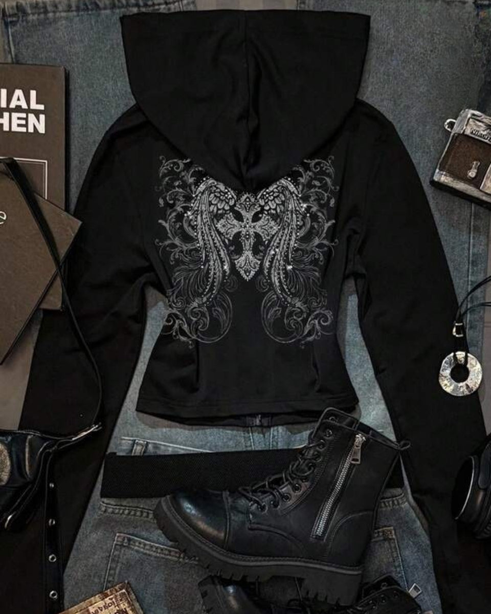 Moletom Cropped Com Capuz Estampa Gótica Ornamental Nas Costas